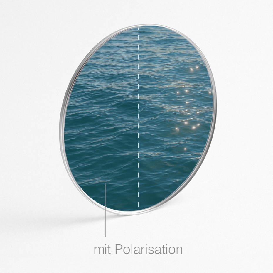 Blick aufs Meer durch zweigeteiltes Brillenglas. Links mit polarisierenden Gläsern und keiner Spiegelung. Rechts mit normalen Brillengläsern mit Spiegelungen. 